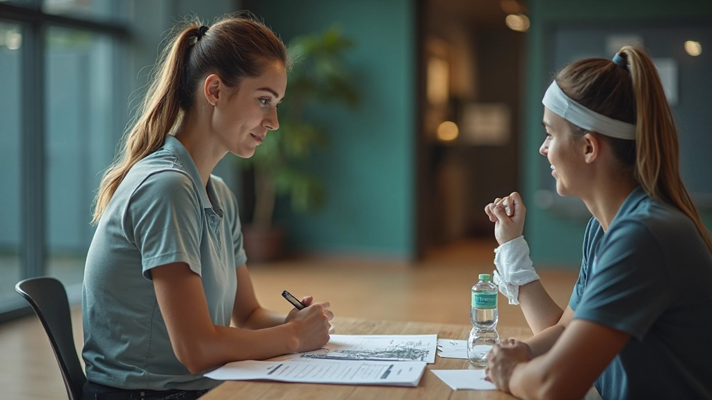 Professional tennis coach designing training program with athlete discussing match strategy and conditioning