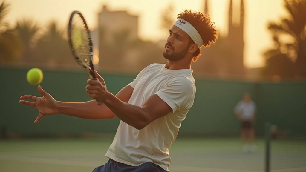 Professional tennis player executing advanced serve technique with power