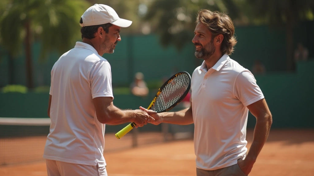 Professional tennis coach demonstrating proper forehand grip technique with student on outdoor court