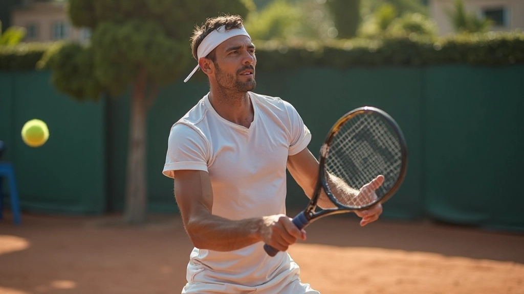 Professional tennis player demonstrating forehand technique on court