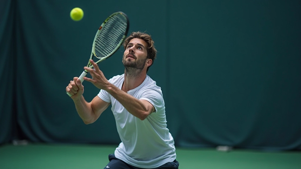 Tennis player executing high-impact serve technique with proper arm extension on court