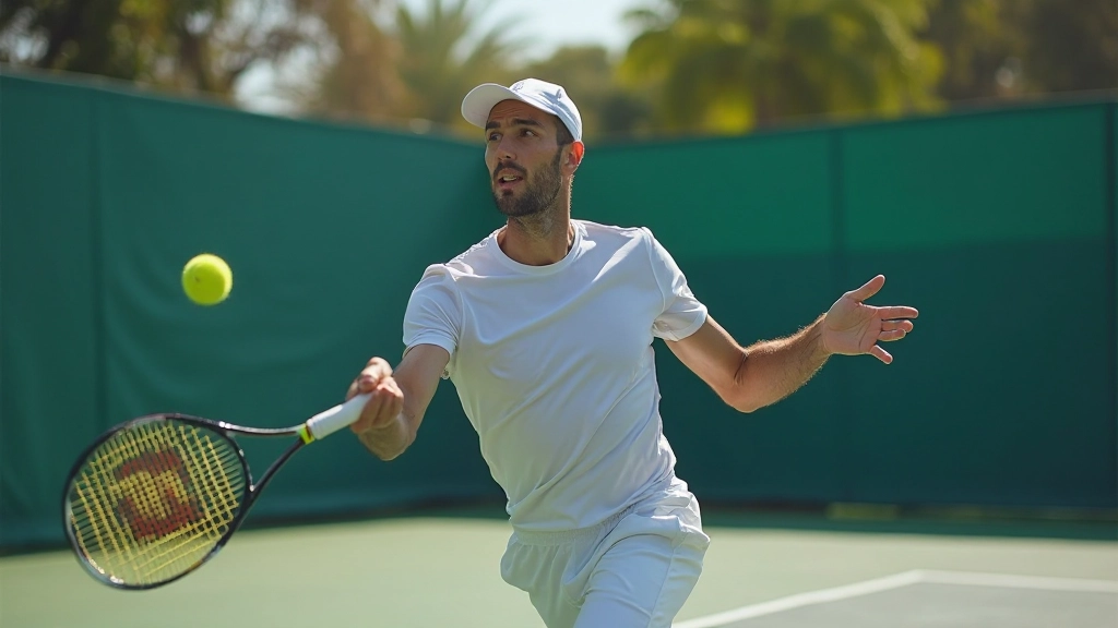 Professional tennis player performing powerful serving motion during match