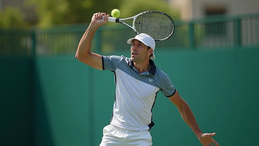 Tennis player demonstrating advanced serve technique with powerful motion