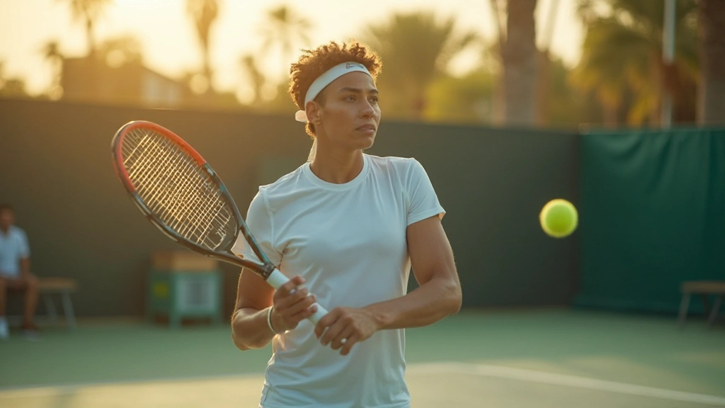 Professional tennis player practicing with proper racket grip and form on court