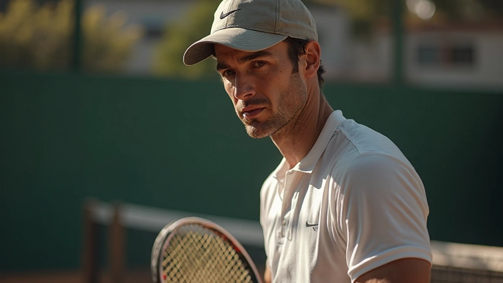 Tennis player demonstrating serve motion in professional training environment